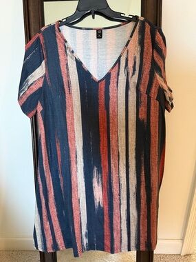 SHEIN V-Neck Short Sleeve Striped Tunic - Navy, Rust & Cream